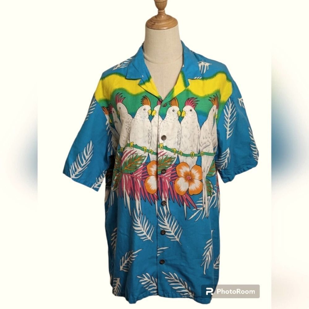 Maui Trading Company Vintage Blue Cockatoo Tropical Camp Shirt
